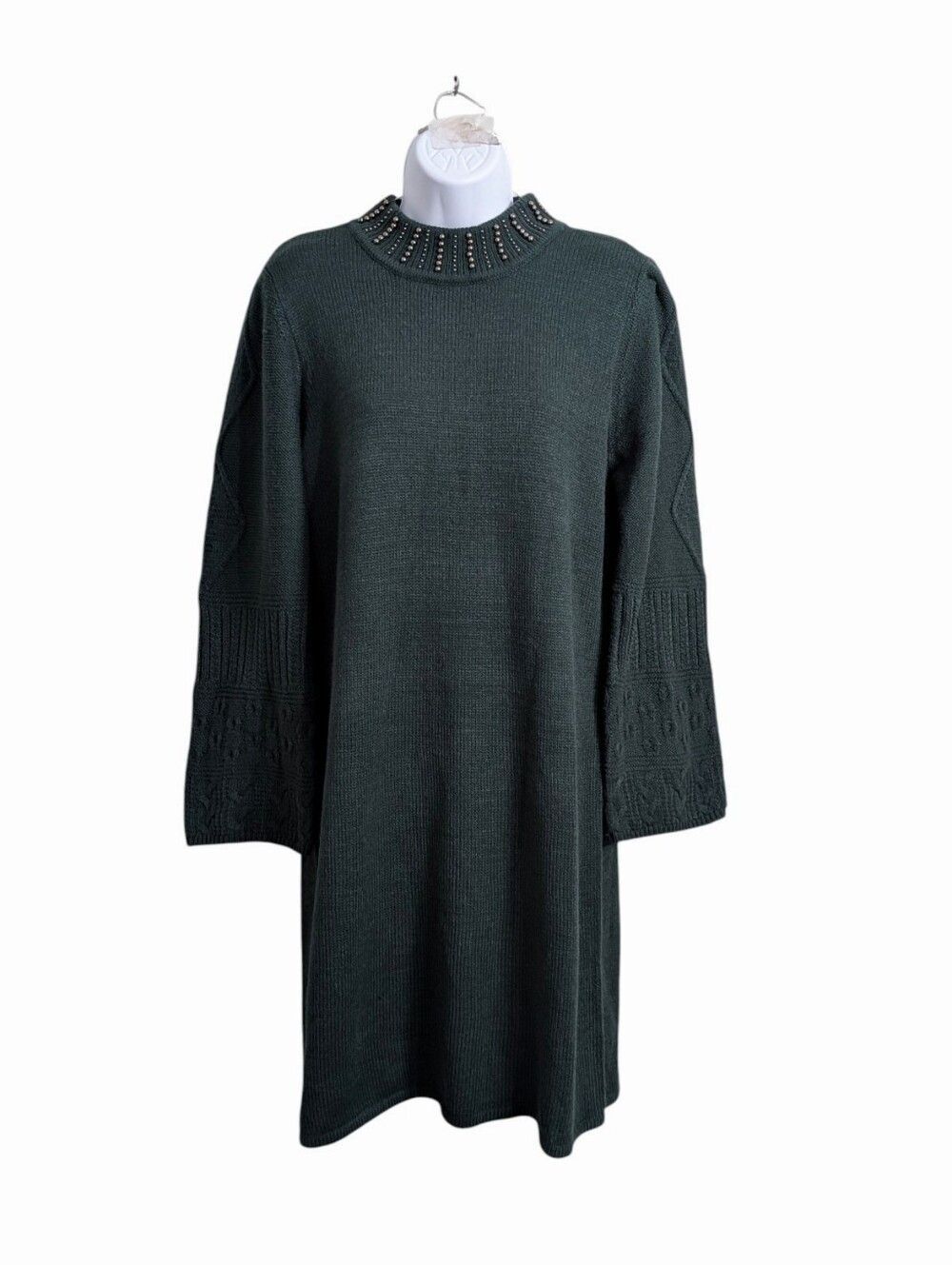 Karl Lagerfeld Dark Green Knit Sweater Dress Size L Beaded Mock Neck Holidays